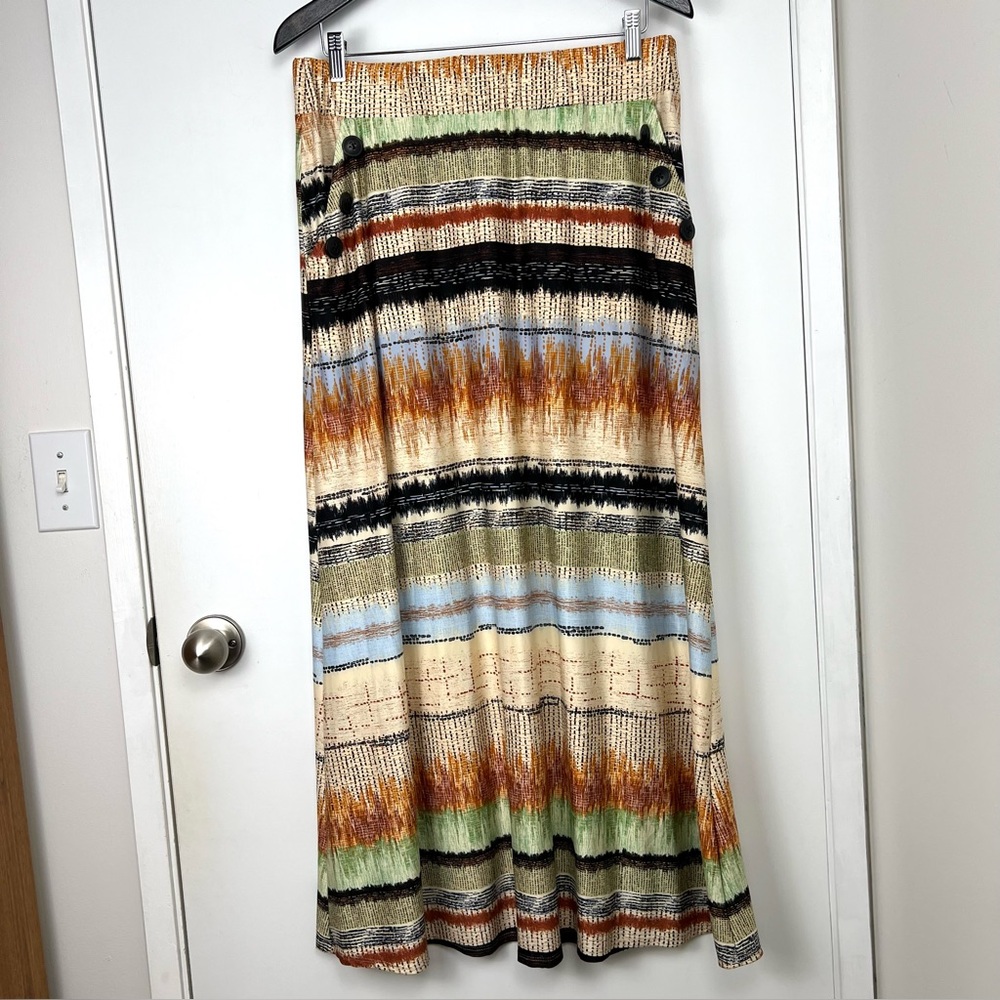 Robert Louis Button Trim Stretch Maxi Skirt L Multi Stripe Southwestern Vacay
